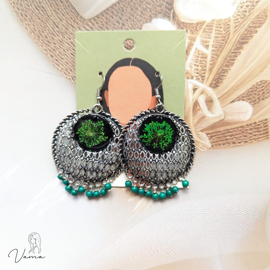 Handmade Green Floral Resin and Oxidized Silver Earrings