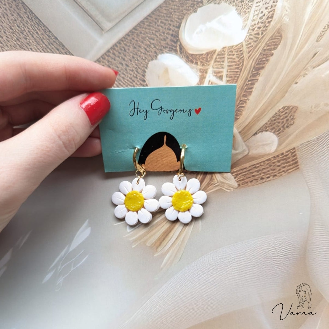 Handmade Clay Daisy Dangle Earrings | White and Yellow Flower Jewelry