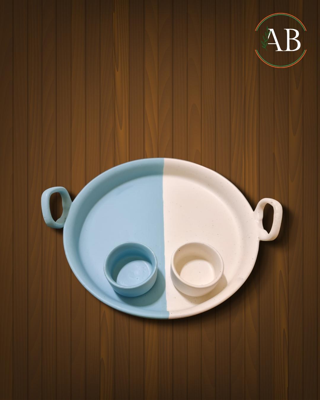 Dual-Tone Ceramic Serving Platter with Dip Bowls | Pastel Blue & White Tray with Handles