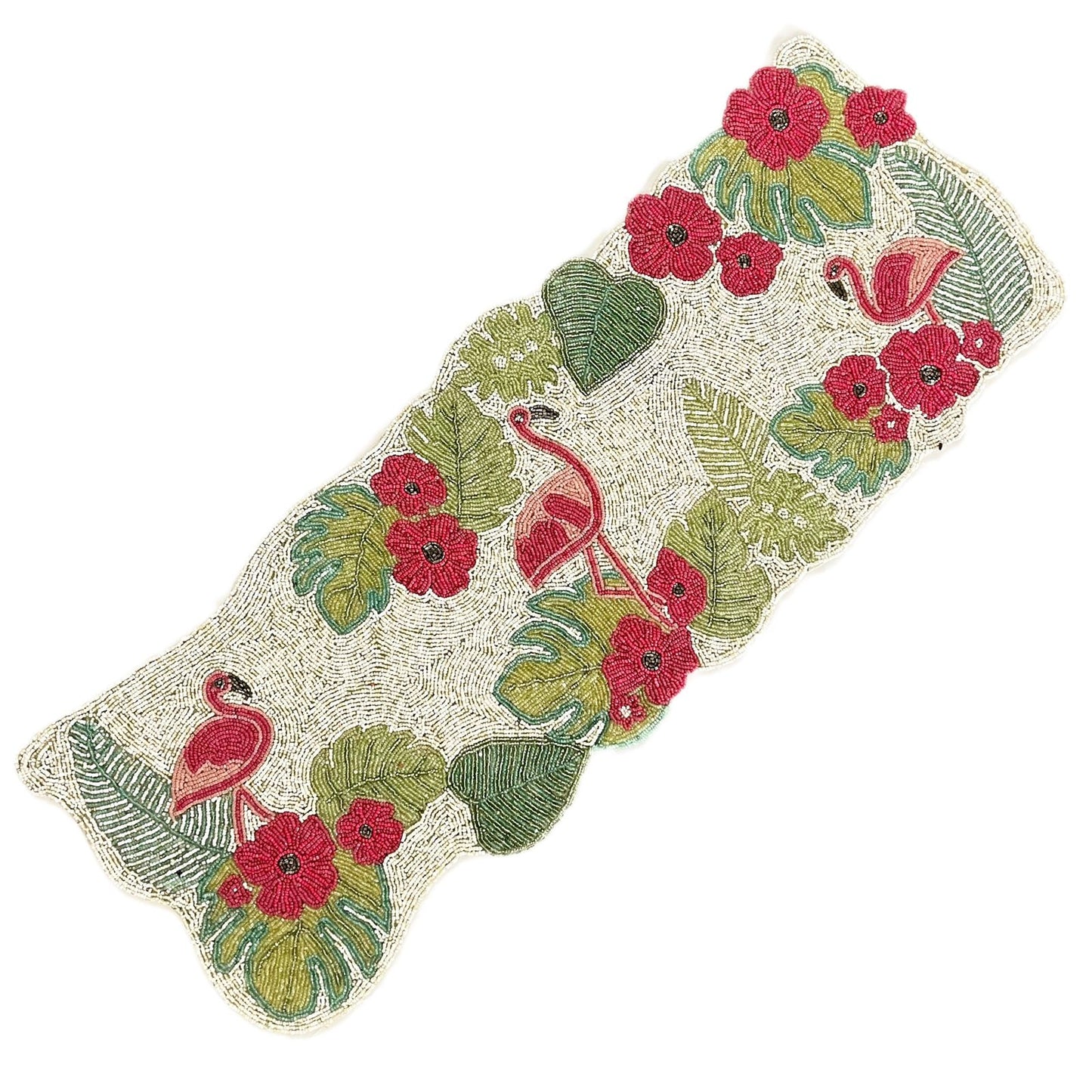 Tropical Flamingo Beaded Table Runner & Round Mat Set – 1 Runner + 6 Mats