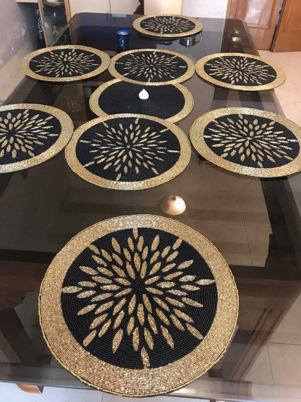 Handmade Black & Gold Beaded Table Mats & Runner Set – 7 Pieces