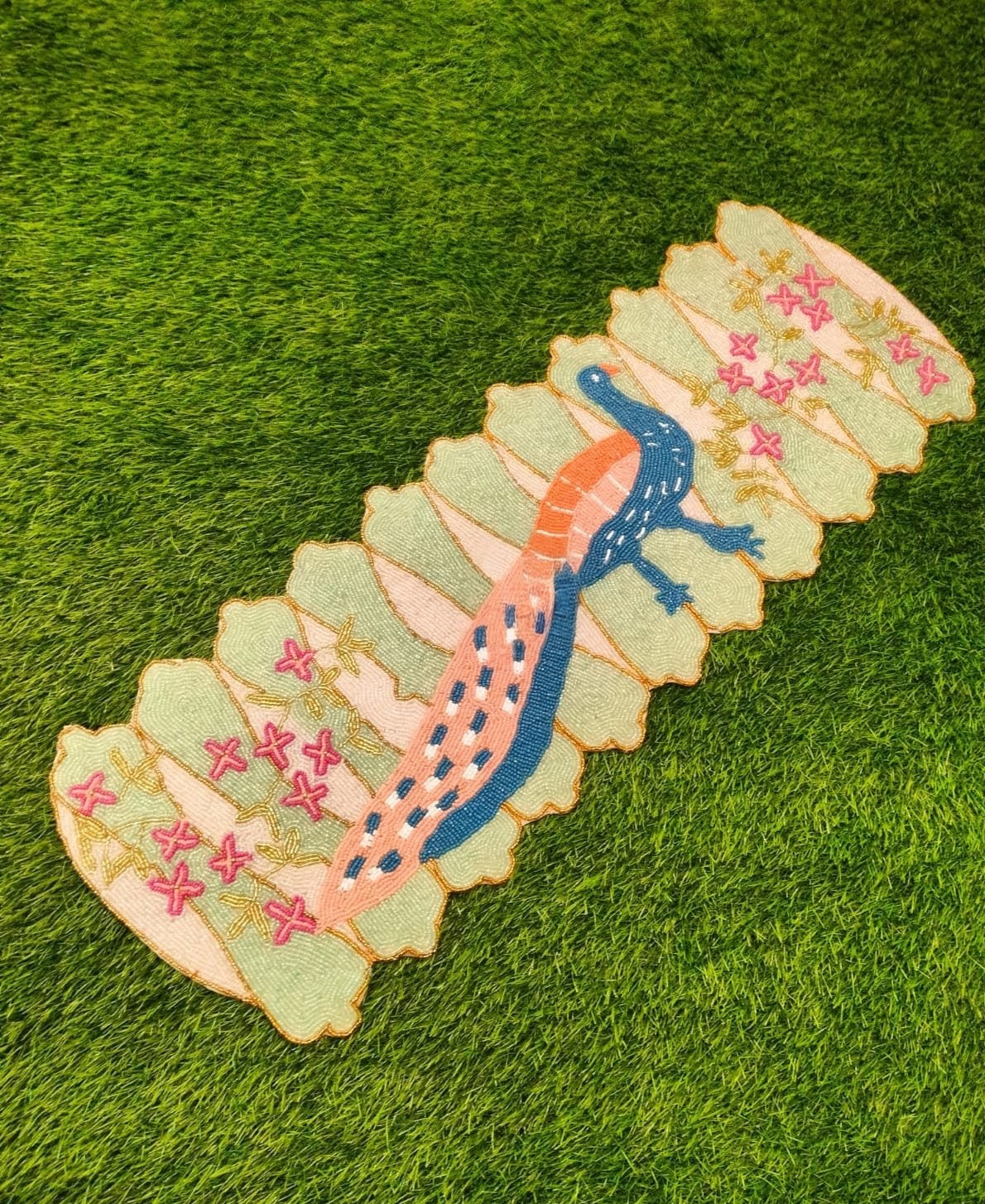 Whimsical Beaded Peacock Table Runner (13"x36") - Pastel Green & Pink Accent Decor