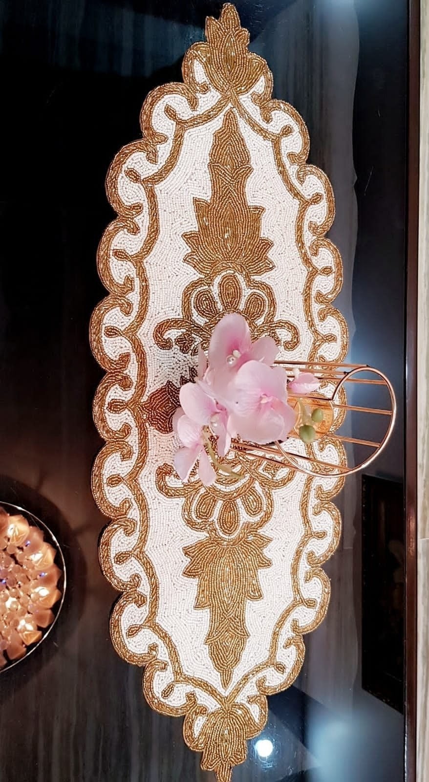 Luxury Gold & White Beaded Table Runner (13"x36") - Elegant Floral Centerpiece