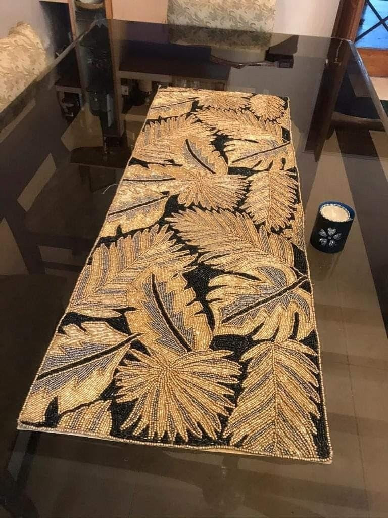 Statement Gold & Black Beaded Leaf Table Runner (13"x36") - Tropical Glam Decor