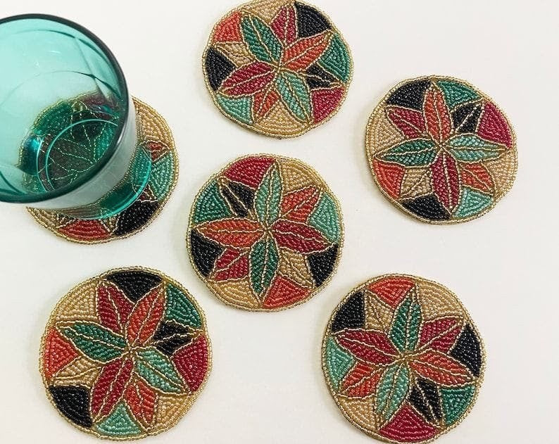 Jewel Toned Star Beaded Coasters - Set of 4, Handcrafted Geometric Design