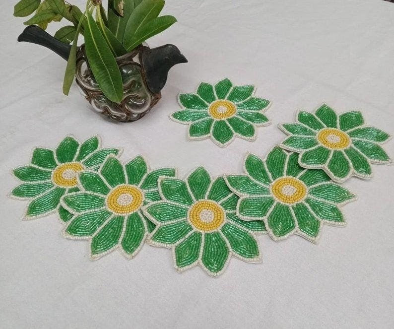 Handmade Green Floral Beaded Coasters – Set of 4