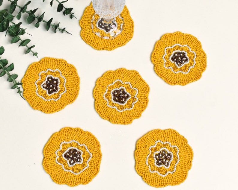Bright Yellow & Brown Floral Beaded Coasters (4.5" Set of 4)
