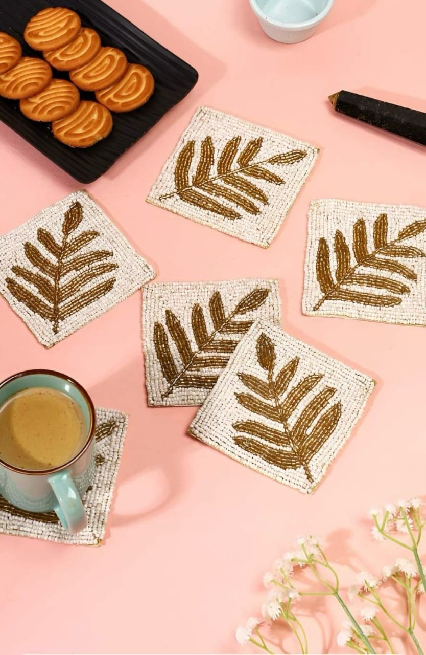 Handcrafted Gold Leaf Beaded Coasters Set of 4 | Elegant Table Décor