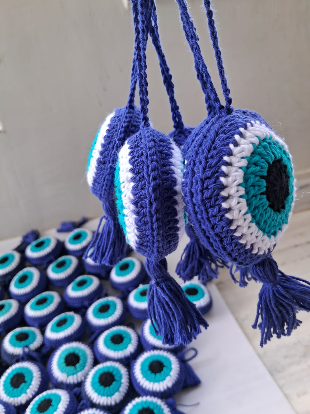 Handmade Crochet Evil Eye Bag Charm | Protective Keychain with Tassel | (Pack of 1)