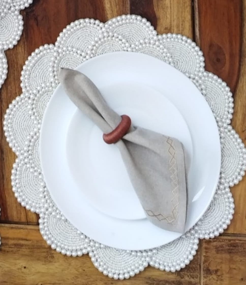 Elegant Handcrafted Beaded Table Mat – Pearl White Round Placemat (Set 0f 4)