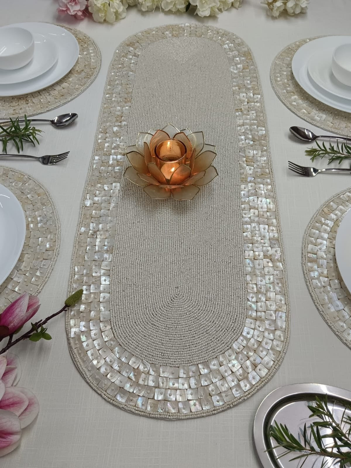 Handmade Beaded Table Runner (13 x 36 inches) – Elegant Pearl Ivory Dining Table Decor with Intricate Handwork