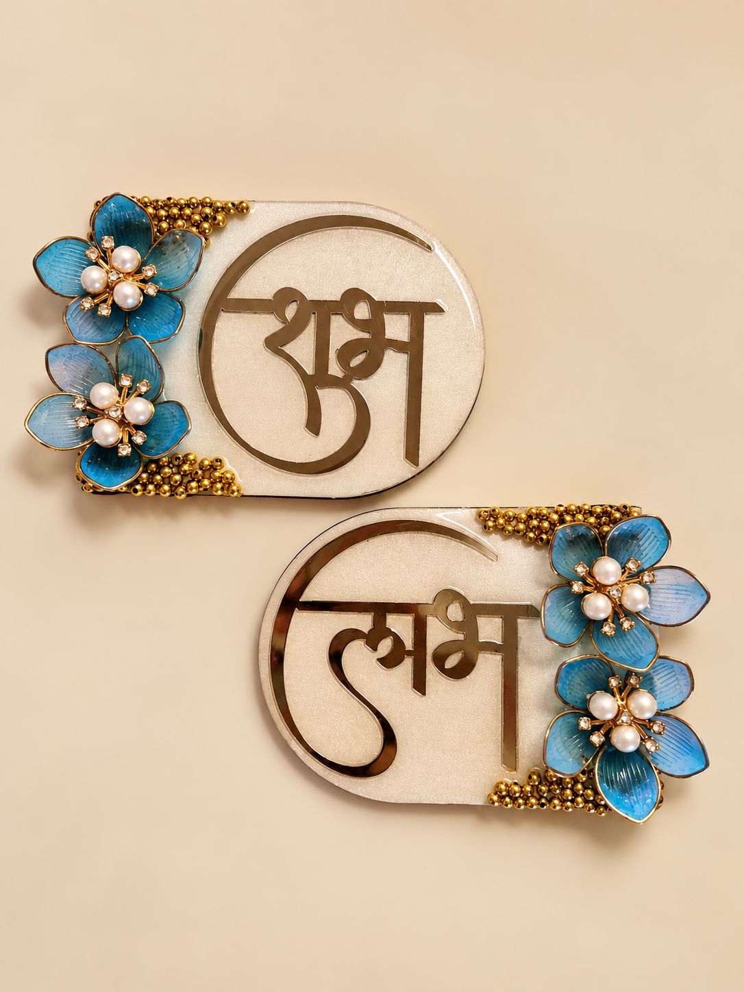 Handmade Resin Shubh Laabh Wall Hanging with Blue Flowers | MDF Festive Home Decor