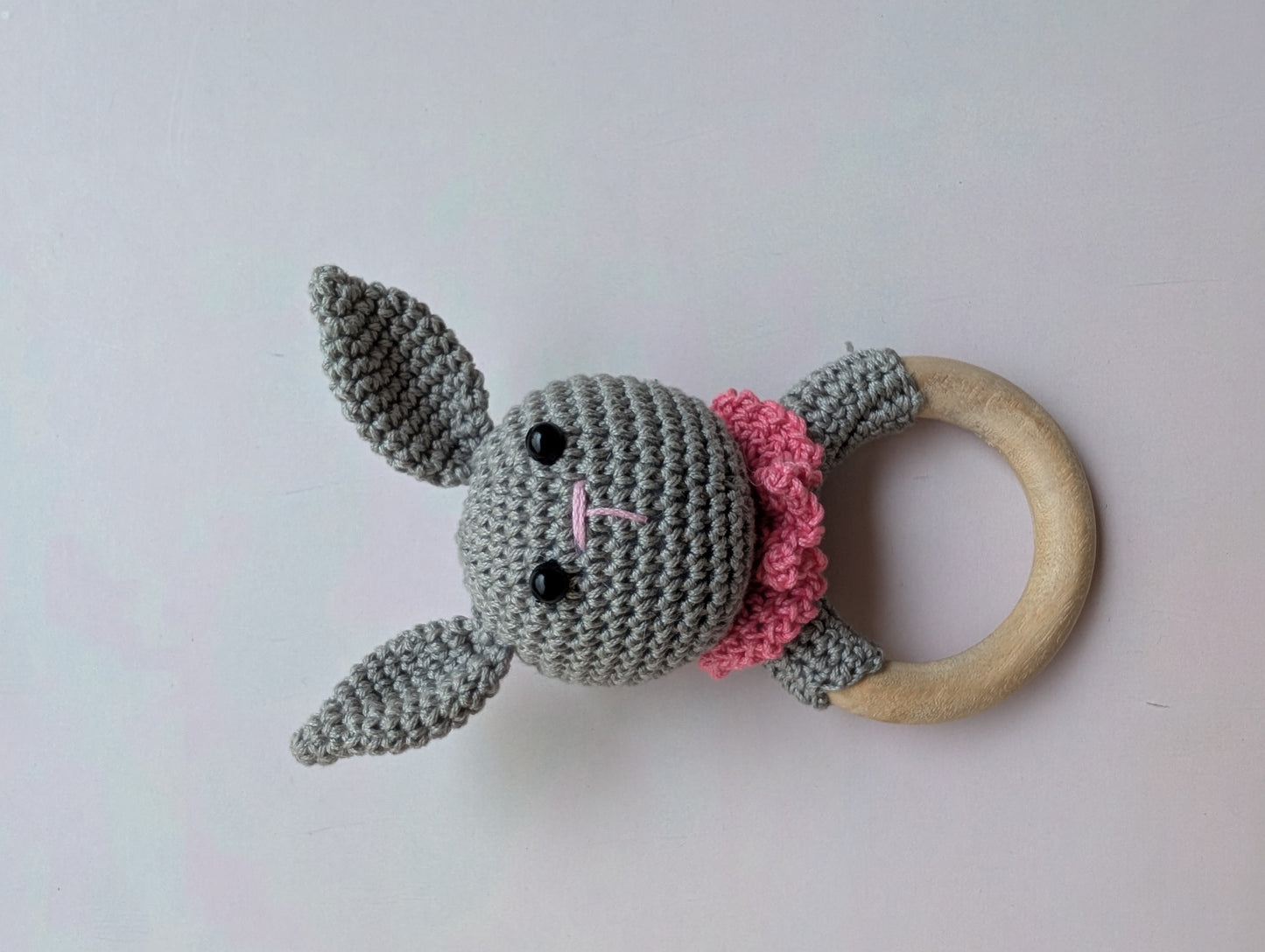 Handmade Crochet Bunny Baby Rattle with Wooden Ring – Soft Amigurumi Toy (5 Inch)
