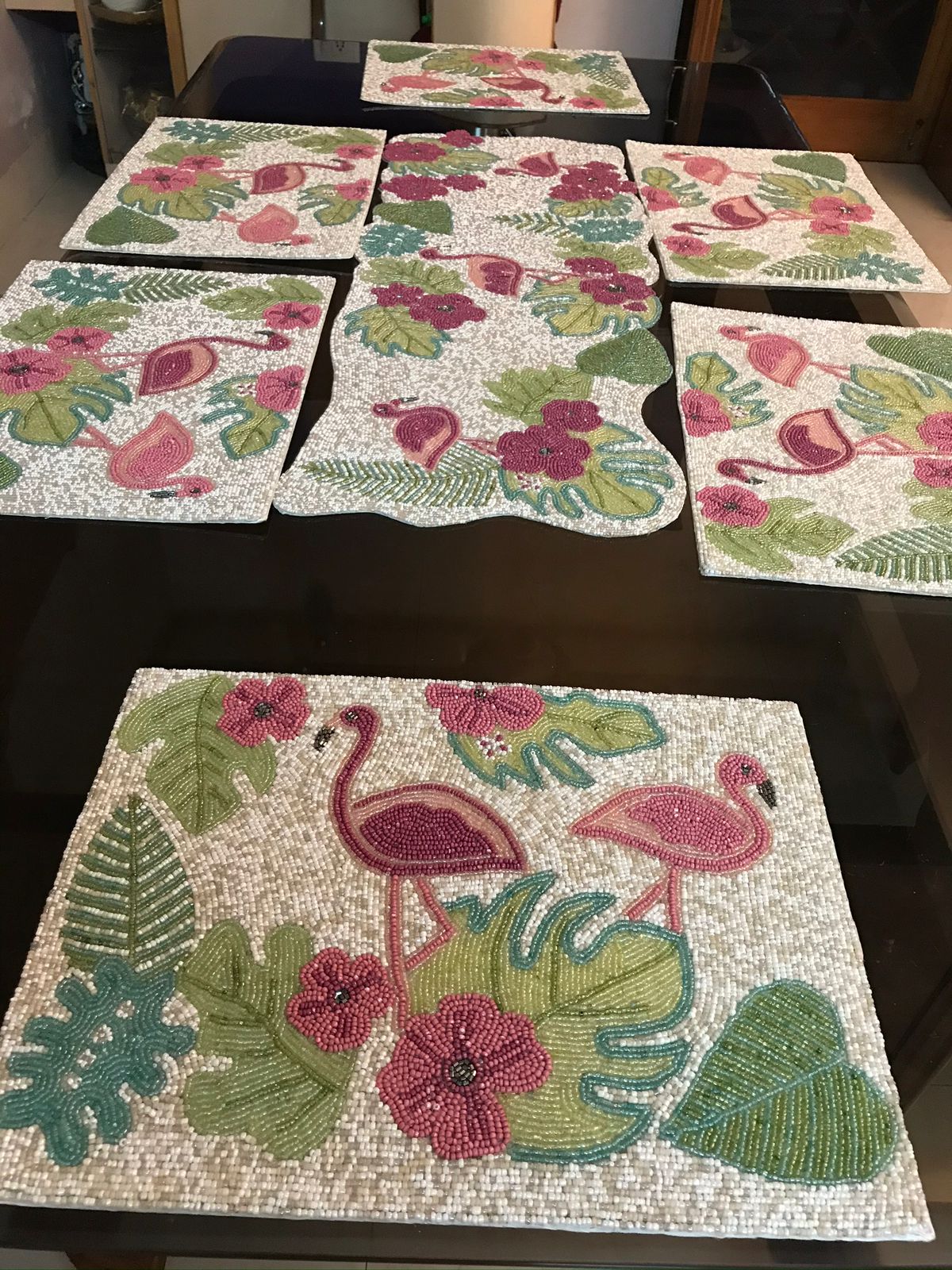 Tropical Flamingo Beaded Table Runner & Round Mat Set – 1 Runner + 6 Mats