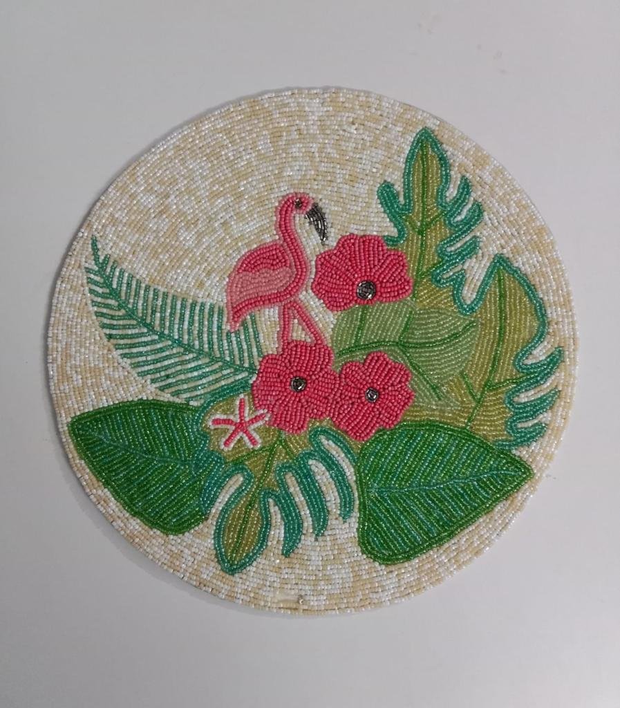 Tropical Flamingo Beaded Table Mat – Handcrafted Round Placemat with Floral Design