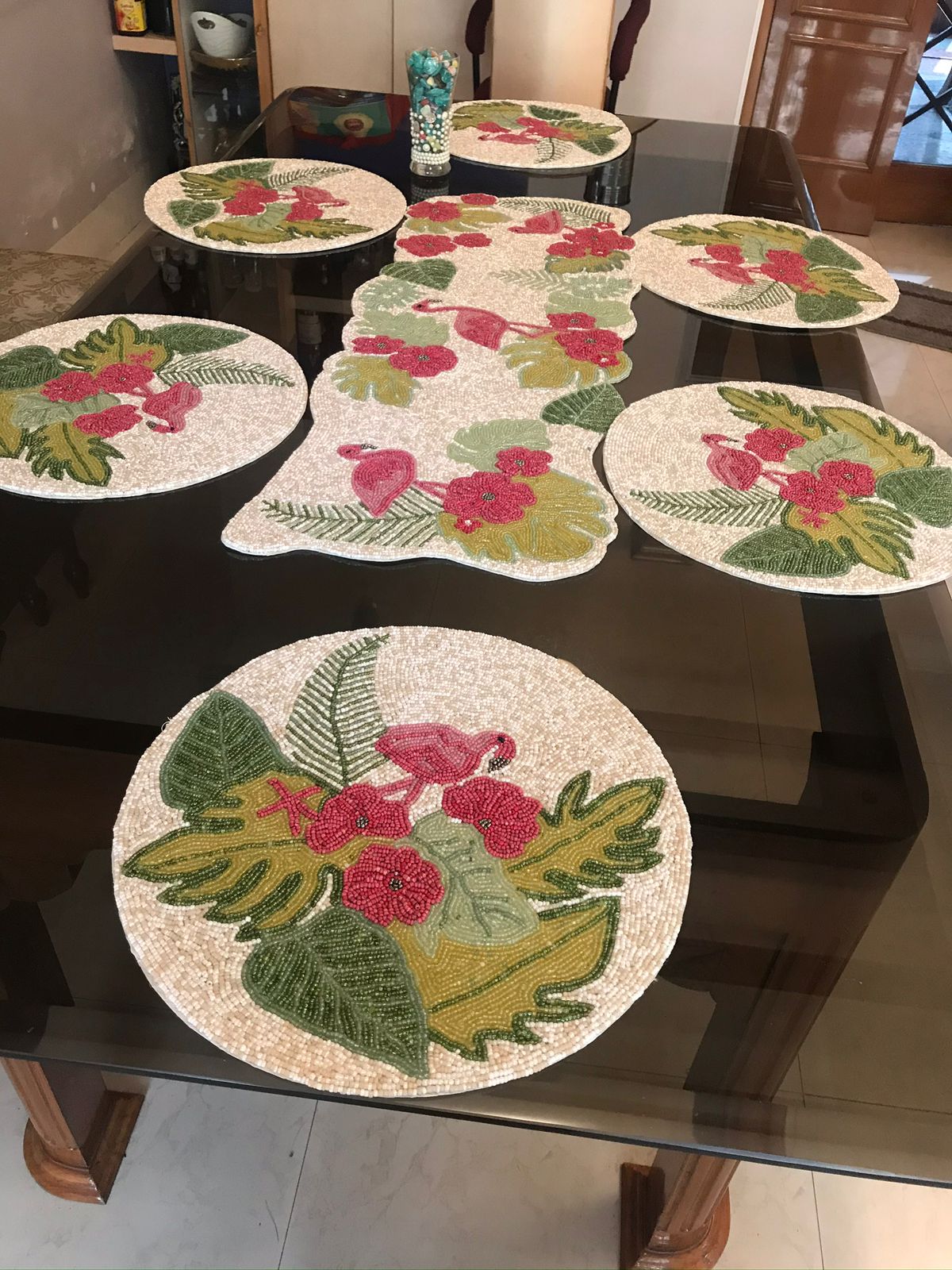 Tropical Flamingo Beaded Table Runner & Round Mat Set – 1 Runner + 6 Mats