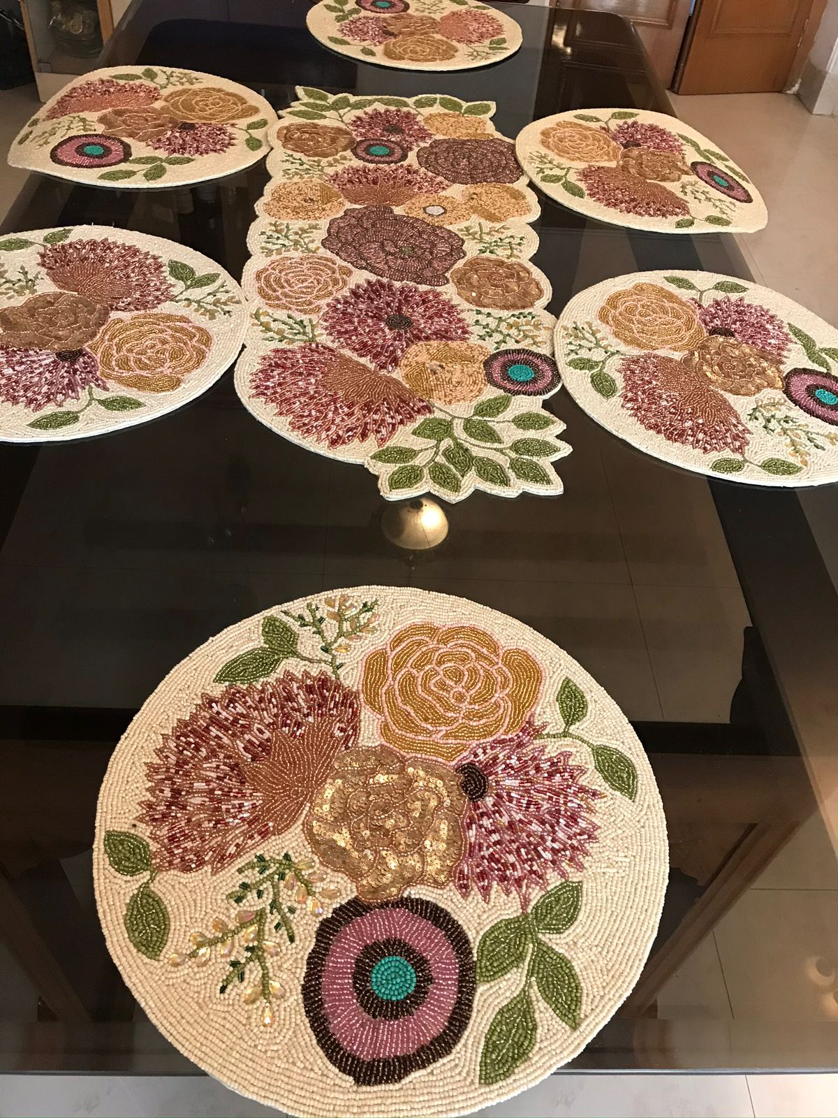 Handcrafted Floral Beaded Table Runner & Round Mats Set – Elegant Multicolor Bloom