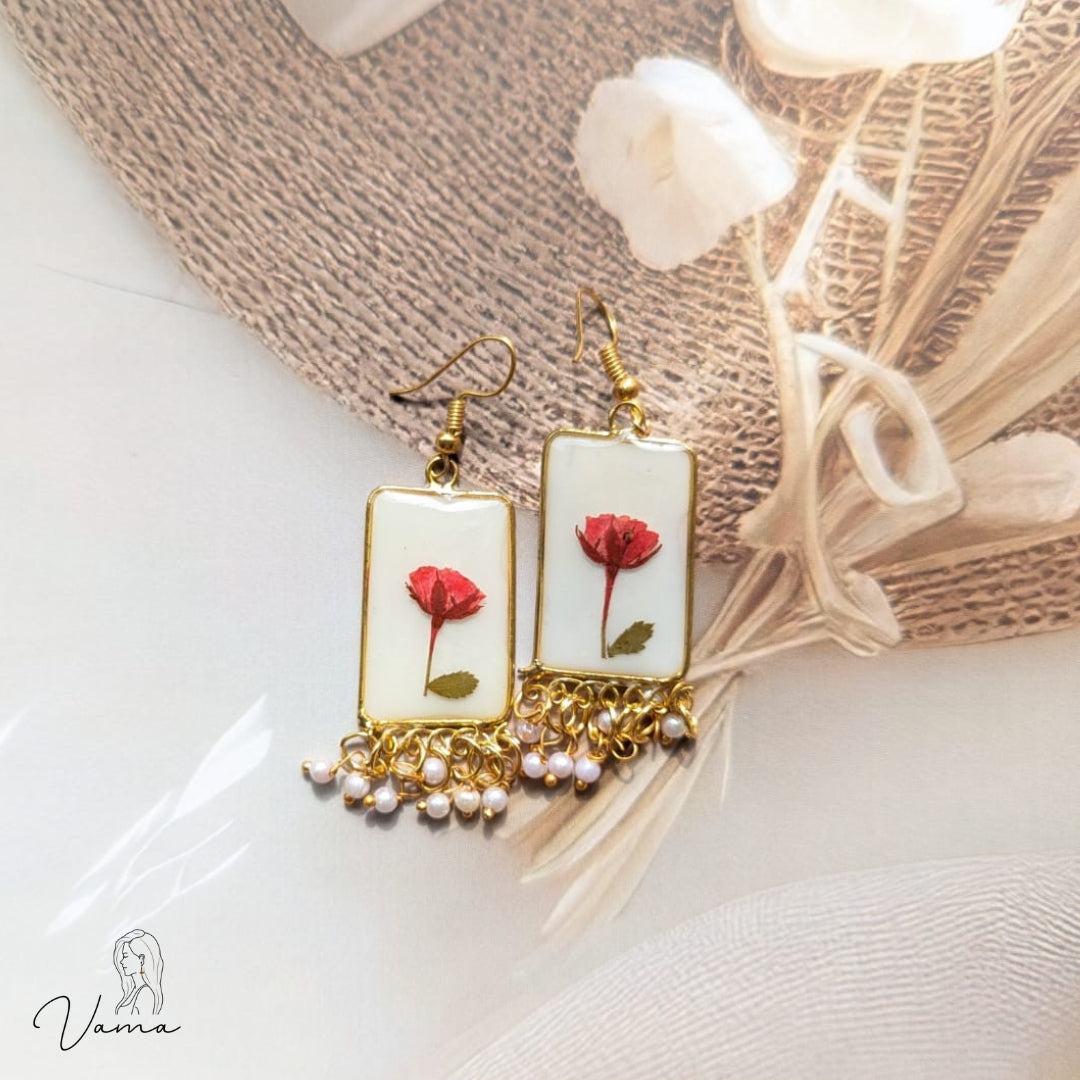 Handmade Real Flower Resin Earrings with Pearl Beads – Red Floral Design
