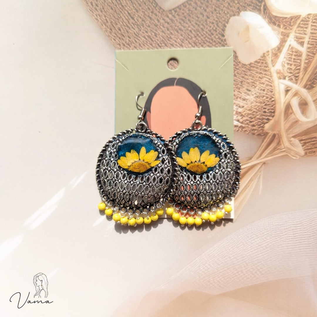 Handmade Yellow Floral Resin and Oxidized Silver Earrings