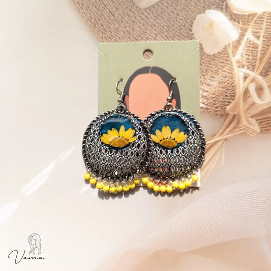 Handmade Yellow Floral Resin and Oxidized Silver Earrings