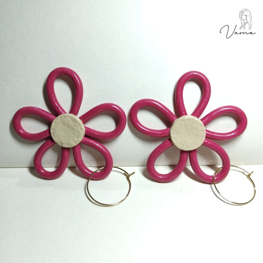 Retro 60s Style Pink Flower Power Statement Earrings