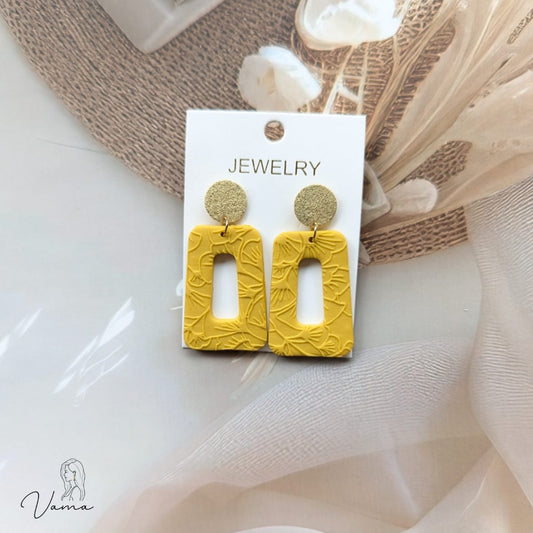 Handmade Mustard Yellow Botanical Rectangle Drop Earrings | Statement Boho Jewelry
