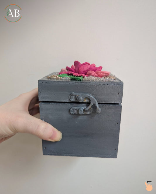 Handmade 4" x 4" Shabby Chic Multipurpose Jewelry Box with 3D Russian Sculpture Art Flower