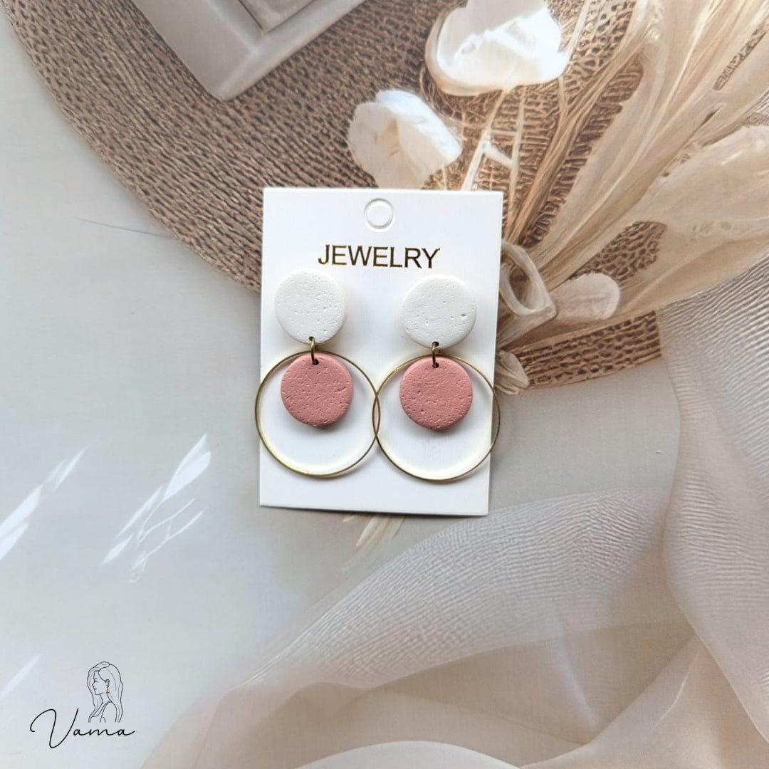 Handmade Dusty Rose & White Clay Dangle Earrings | Minimalist Gold Hoop Drops