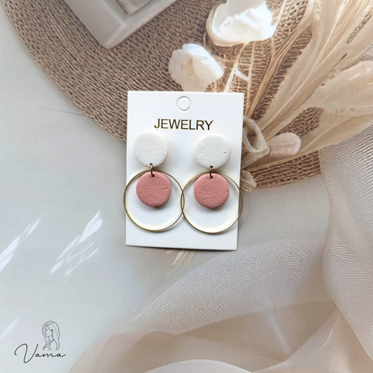Handmade Dusty Rose & White Clay Dangle Earrings | Minimalist Gold Hoop Drops