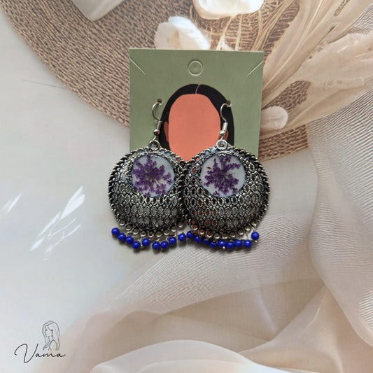 Handmade Oxidized Silver Jhumka Earrings with Real Purple Floral Resin