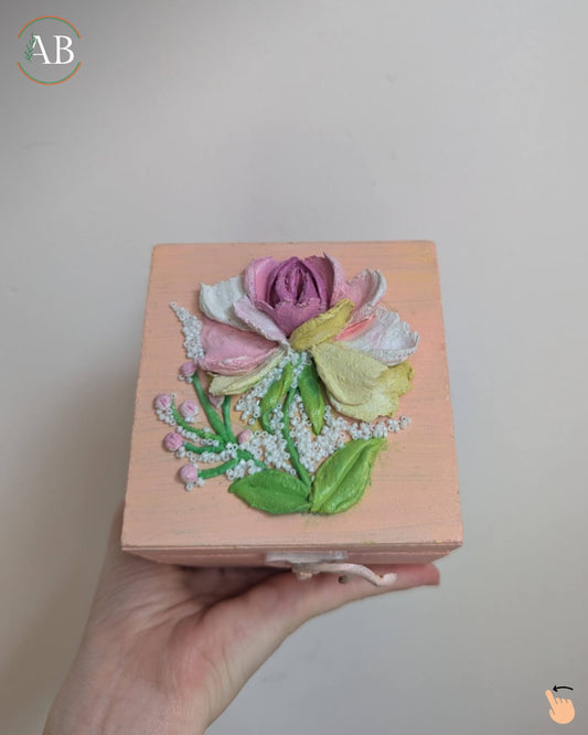 Hand-Painted Floral Sculpture Art MDF Jewelry Box | 4x4 Inch Trinket Keeper