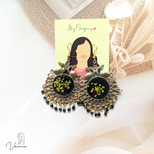 Real Flower Resin Dangle Earrings - Antique Peacock Jhumka