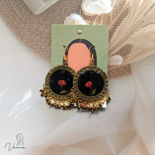 Handmade Pressed Real Flower Resin Earrings | Black and Gold Statement Dangles