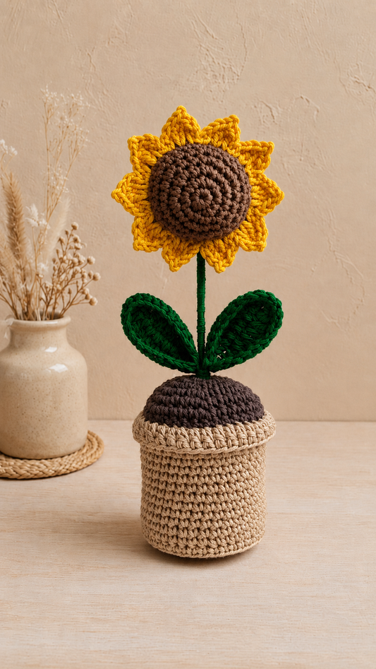 🌻 Handmade Crochet Sunflower Pot – Knitted Floral Desk & Home Décor