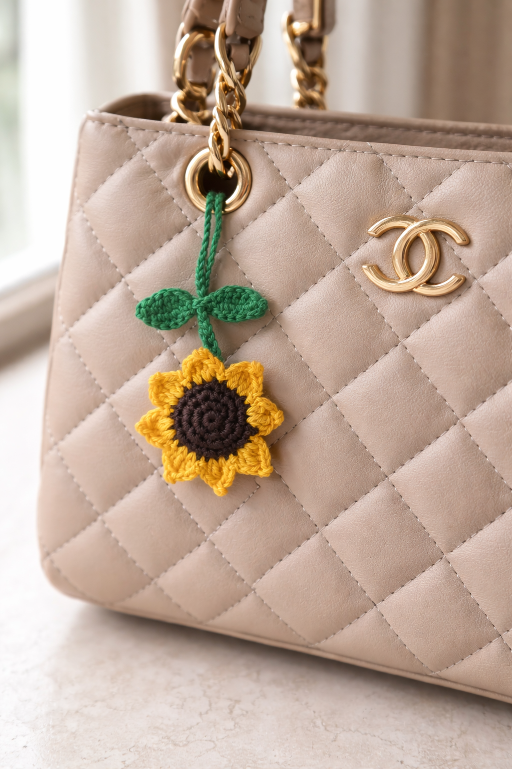 Handmade Crochet Sunflower Bag Charm | Knitted Floral Keychain