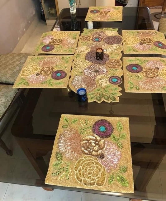 Handmade Floral Beaded Table Mat & Runner Set of 7 – Elegant Dining Table Décor