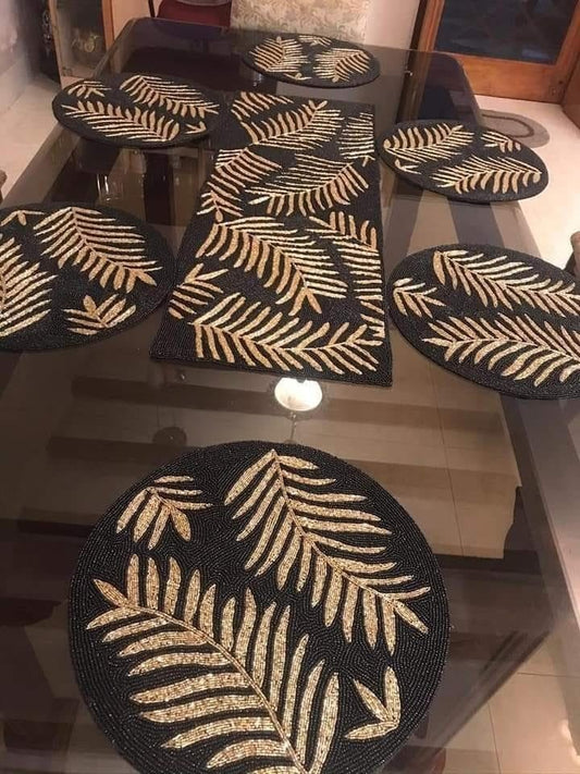 Handmade Black & Gold Beaded Table Mats & Runner Set (7 Pieces) – Luxury Dining Table Décor