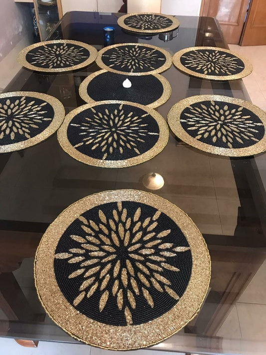 Handmade Black & Gold Beaded Table Mats & Runner Set – 7 Pieces