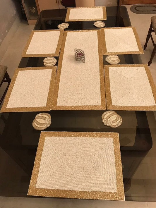 Handmade Beaded Table Mats & Runner Set (7 Pieces) – Elegant Gold & White Dining Table Décor