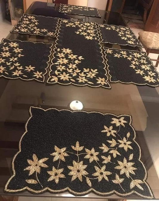 Handmade Black & Gold Beaded Table Mat & Runner Set of 7 – Elegant Floral Design