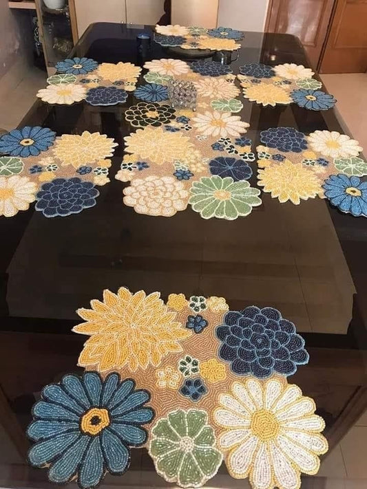 Handmade Multi-Color Floral Beaded Table Mat & Runner Set of 7 – Vibrant Dining Table Décor