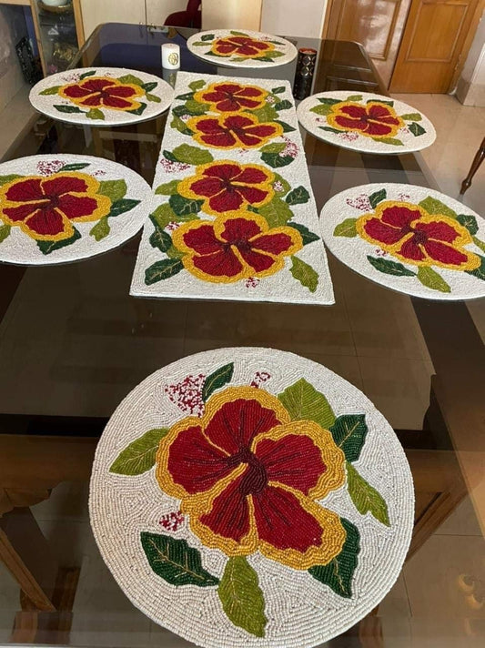 Handmade Beaded Table Mat & Runner Set | Floral Hibiscus Design | Set of 7