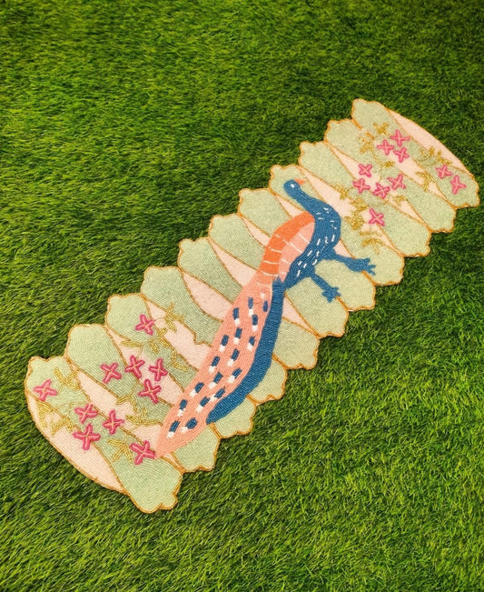 Whimsical Beaded Peacock Table Runner (13"x36") - Pastel Green & Pink Accent Decor