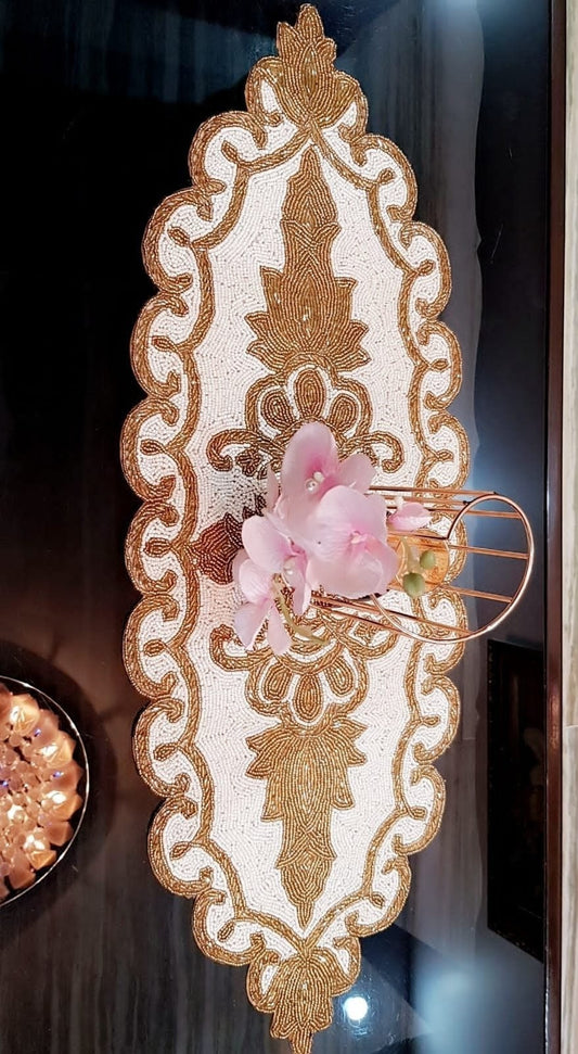 Luxury Gold & White Beaded Table Runner (13"x36") - Elegant Floral Centerpiece