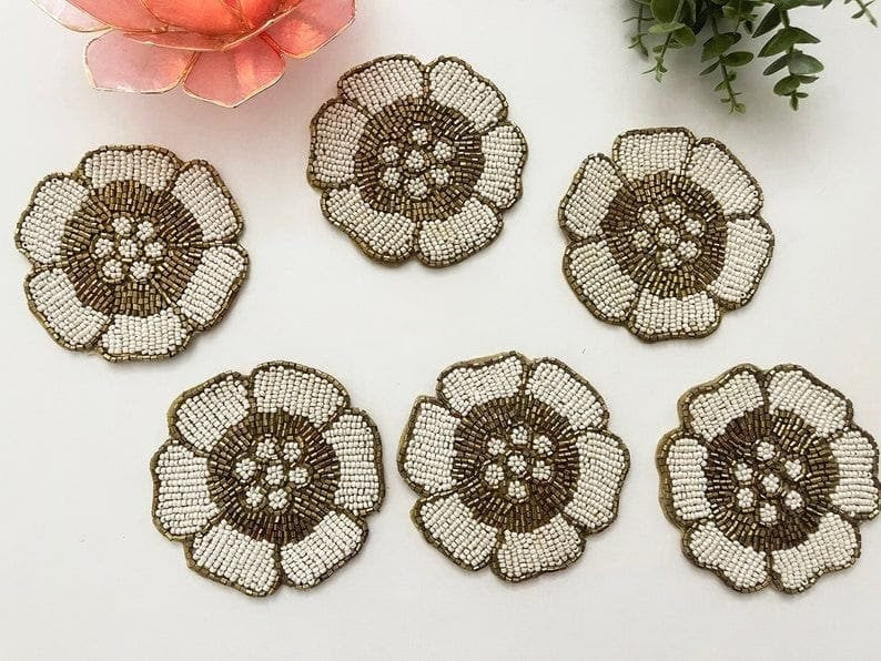 Bright Yellow & Brown Floral Beaded Coasters (4.5" Set of 4)