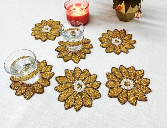 Golden Flower Beaded Coasters Set of 4 | Handcrafted Table Décor
