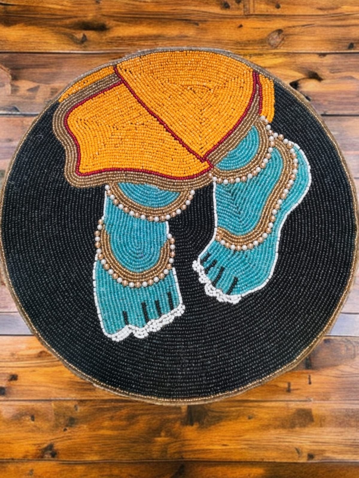 Set of 4: Hand-Beaded Divine Feet Placemats (14" Round) - Cultural & Spiritual Table Decor
