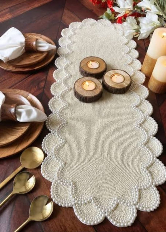 Elegant Ivory Beaded Table Runner – 13x36 Inch Handcrafted Pearl-Inspired Centerpiece