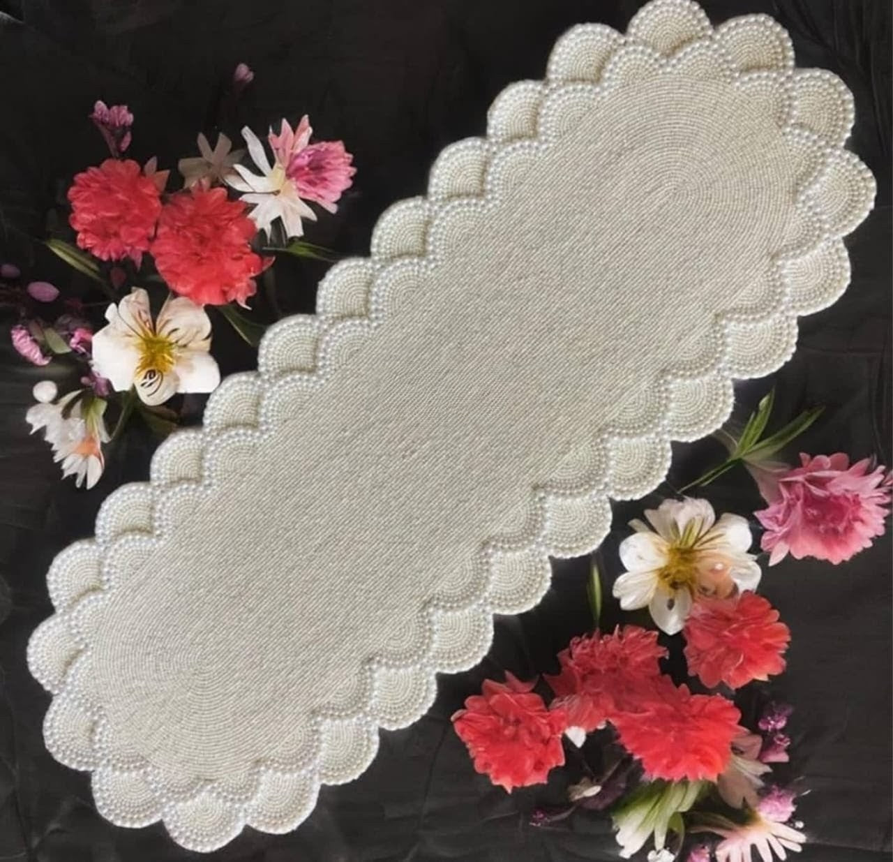 Elegant Ivory Beaded Table Runner – 13x36 Inch Handcrafted Pearl-Inspired Centerpiece