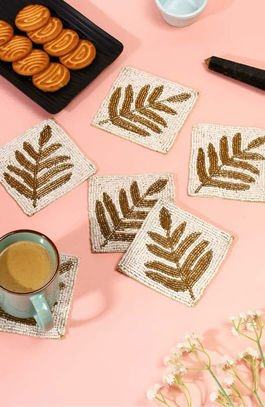 Handcrafted Gold Leaf Beaded Coasters Set of 4 | Elegant Table Décor